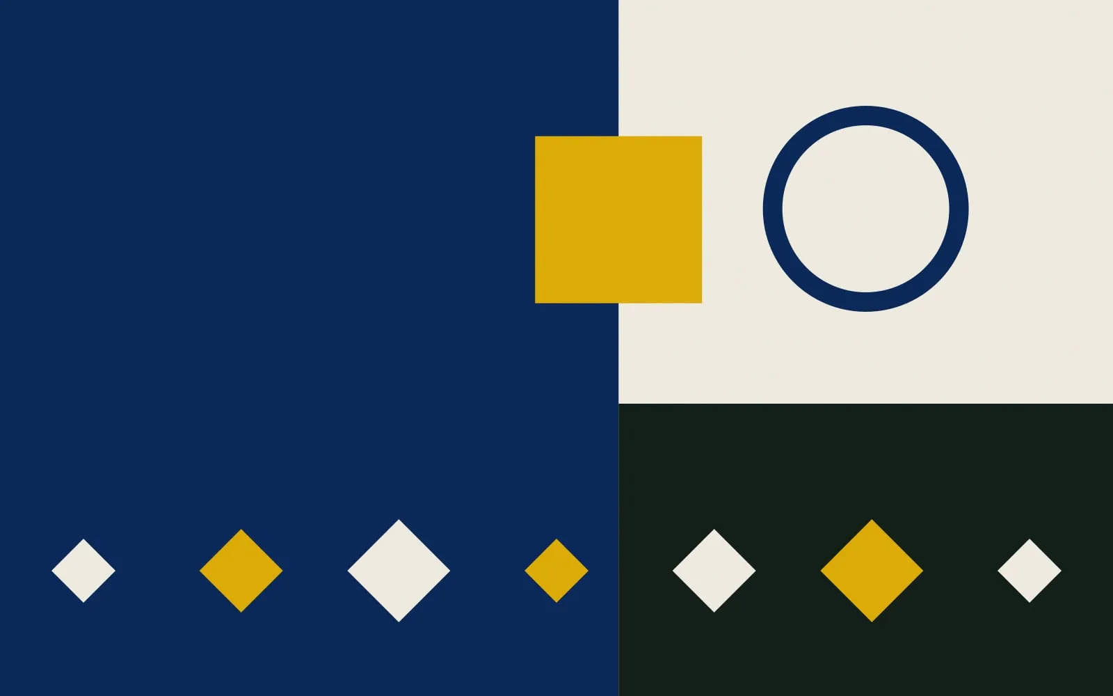 Ilustração provisória: composição geométrica abstrata de losangos e faixas diagonais em azul-marinho e ouro sobre fundo creme, sem pessoas.